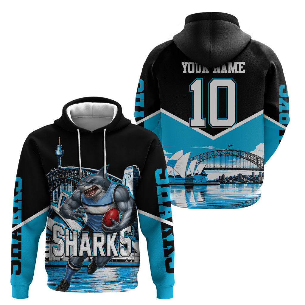 Personalised Sydney Sharks Rugby Hoodie Muscular Mascot Harbour Bridge Skyline Graphic