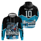 Personalised Sydney Sharks Rugby Hoodie Muscular Mascot Harbour Bridge Skyline Graphic