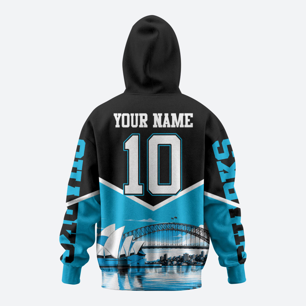 Personalised Sydney Sharks Rugby Hoodie Muscular Mascot Harbour Bridge Skyline Graphic