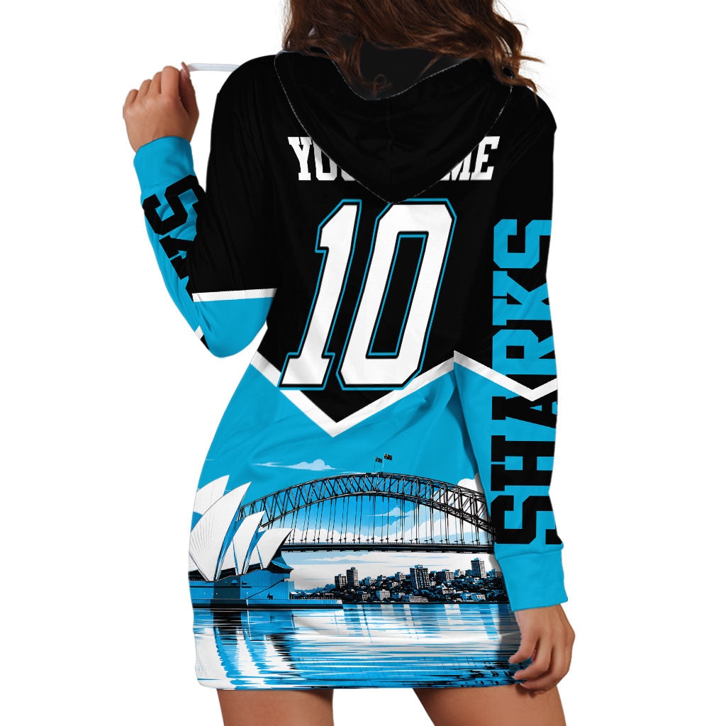 Personalised Sydney Sharks Rugby Hoodie Dress Muscular Mascot Harbour Bridge Skyline Graphic