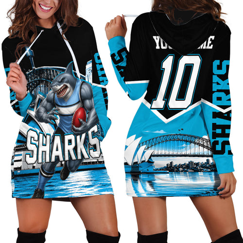 Personalised Sydney Sharks Rugby Hoodie Dress Muscular Mascot Harbour Bridge Skyline Graphic