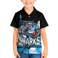 Personalised Sydney Sharks Rugby Kid Hawaiian Shirt Muscular Mascot Harbour Bridge Skyline Graphic