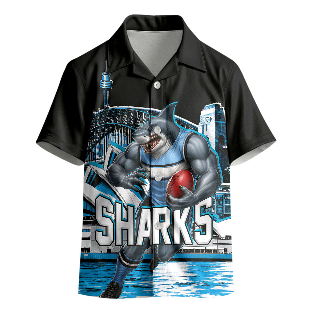 Personalised Sydney Sharks Rugby Kid Hawaiian Shirt Muscular Mascot Harbour Bridge Skyline Graphic