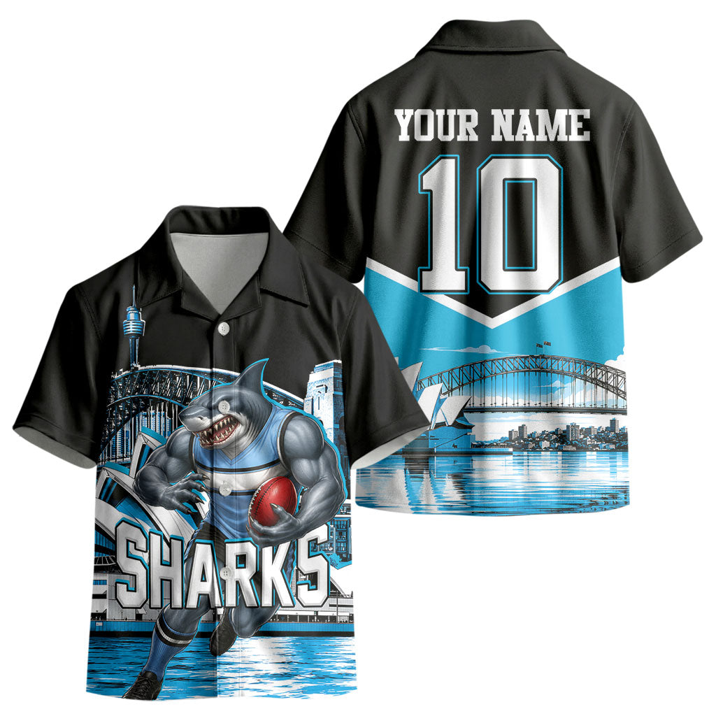 Personalised Sydney Sharks Rugby Kid Hawaiian Shirt Muscular Mascot Harbour Bridge Skyline Graphic