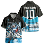 Personalised Sydney Sharks Rugby Kid Hawaiian Shirt Muscular Mascot Harbour Bridge Skyline Graphic