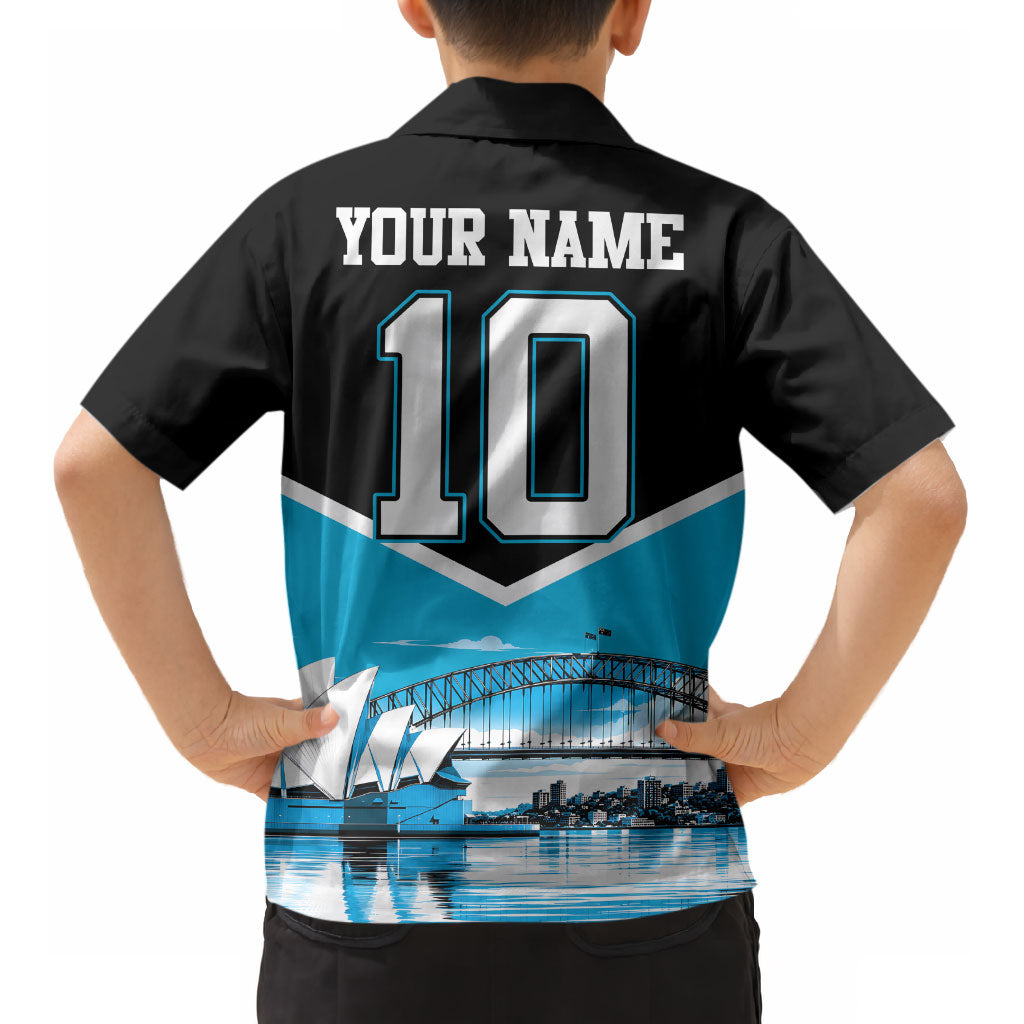 Personalised Sydney Sharks Rugby Kid Hawaiian Shirt Muscular Mascot Harbour Bridge Skyline Graphic