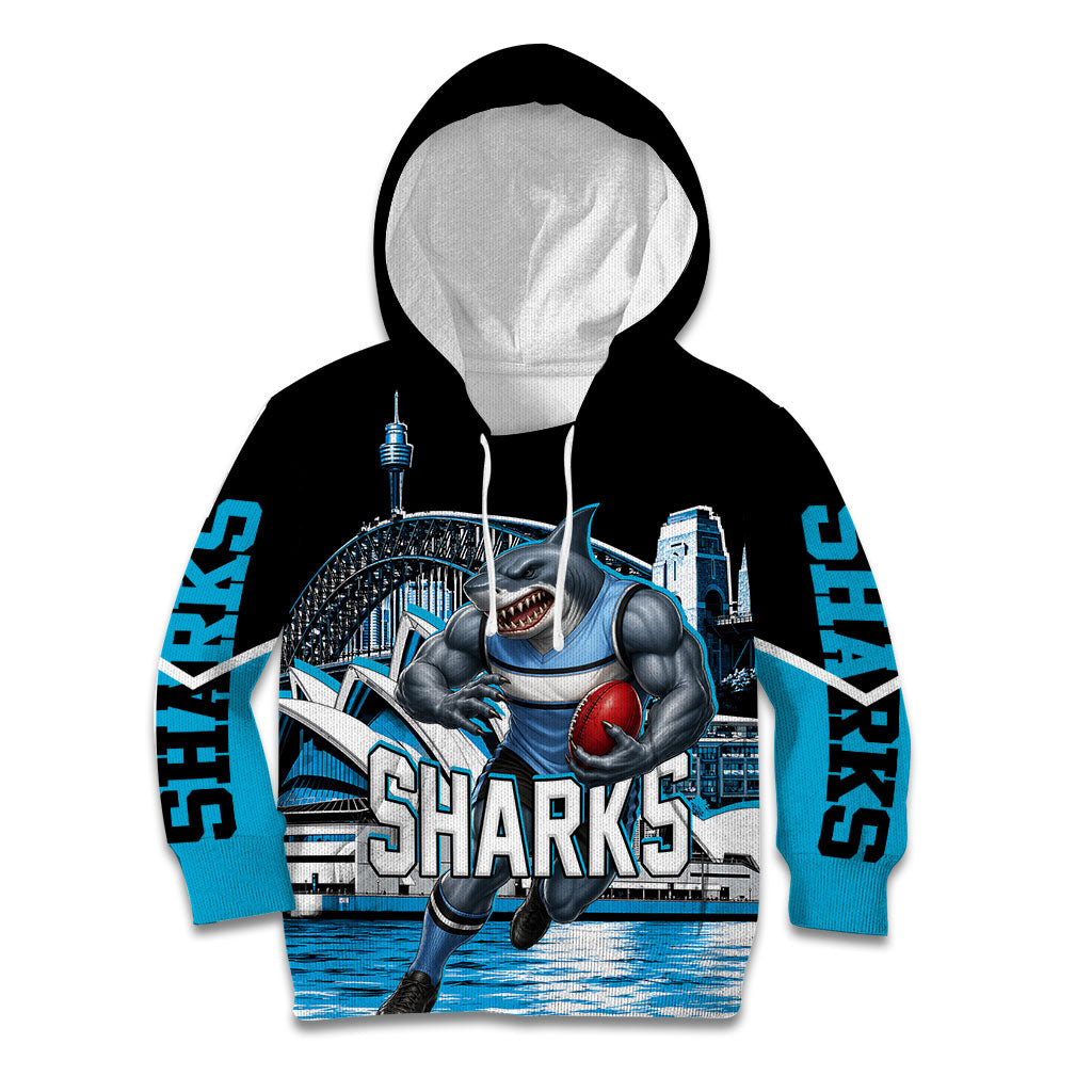Personalised Sydney Sharks Rugby Kid Hoodie Muscular Mascot Harbour Bridge Skyline Graphic