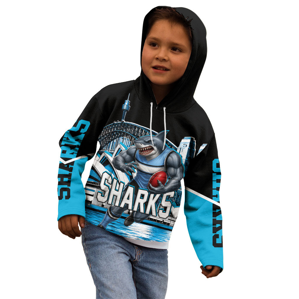 Personalised Sydney Sharks Rugby Kid Hoodie Muscular Mascot Harbour Bridge Skyline Graphic