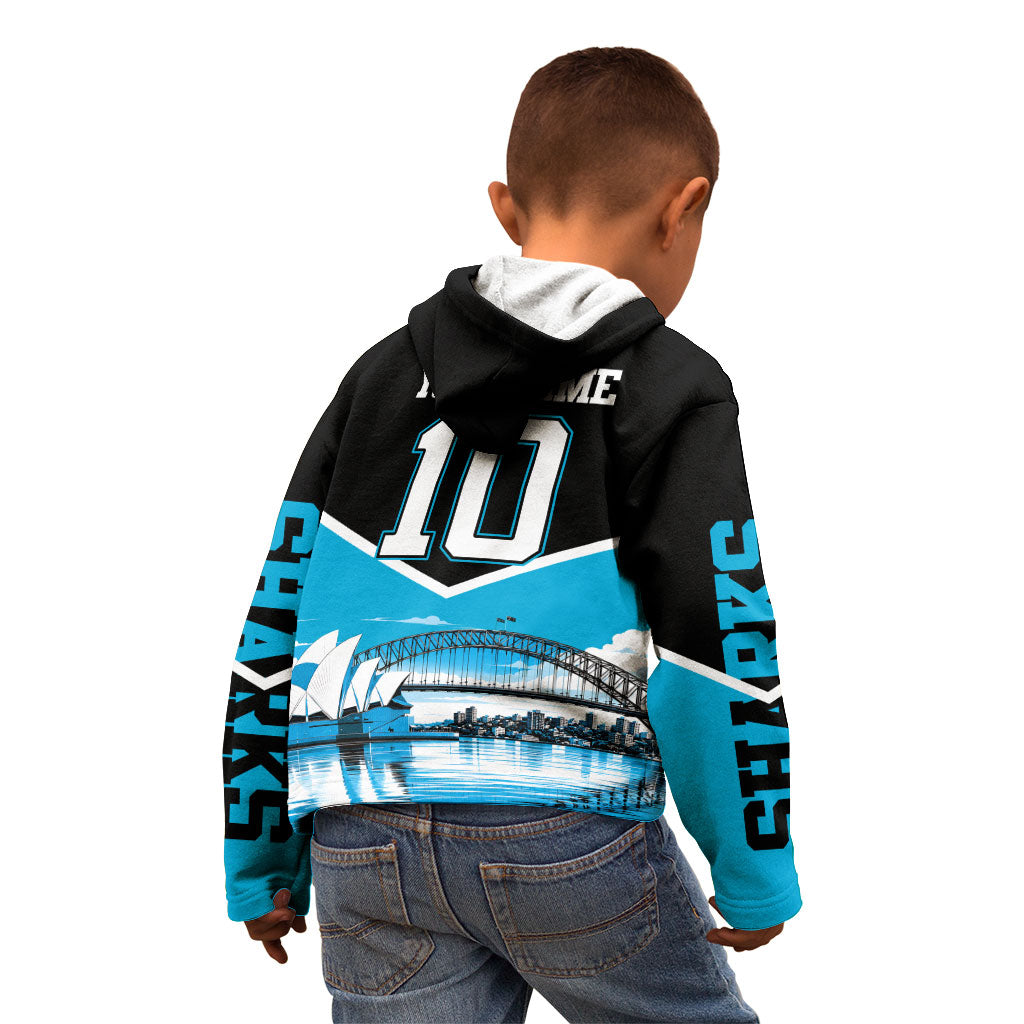 Personalised Sydney Sharks Rugby Kid Hoodie Muscular Mascot Harbour Bridge Skyline Graphic