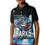 Personalised Sydney Sharks Rugby Kid Polo Shirt Muscular Mascot Harbour Bridge Skyline Graphic