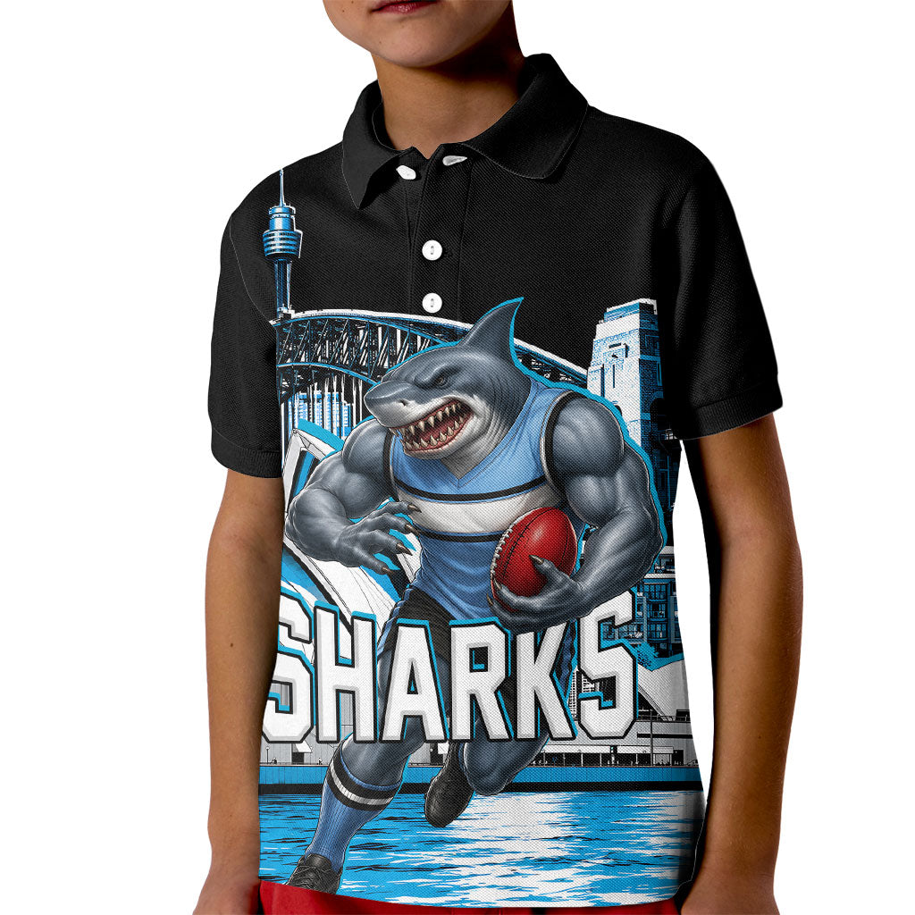 Personalised Sydney Sharks Rugby Kid Polo Shirt Muscular Mascot Harbour Bridge Skyline Graphic