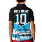 Personalised Sydney Sharks Rugby Kid Polo Shirt Muscular Mascot Harbour Bridge Skyline Graphic