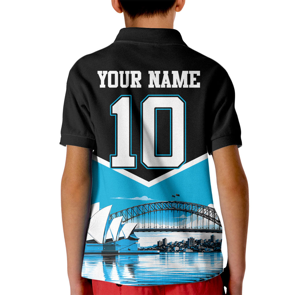 Personalised Sydney Sharks Rugby Kid Polo Shirt Muscular Mascot Harbour Bridge Skyline Graphic