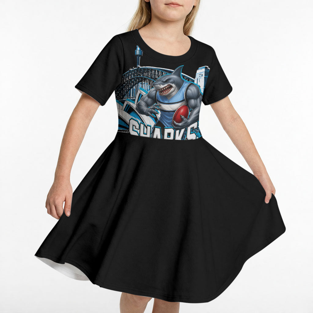 Personalised Sydney Sharks Rugby Kid Short Sleeve Dress Muscular Mascot Harbour Bridge Skyline Graphic