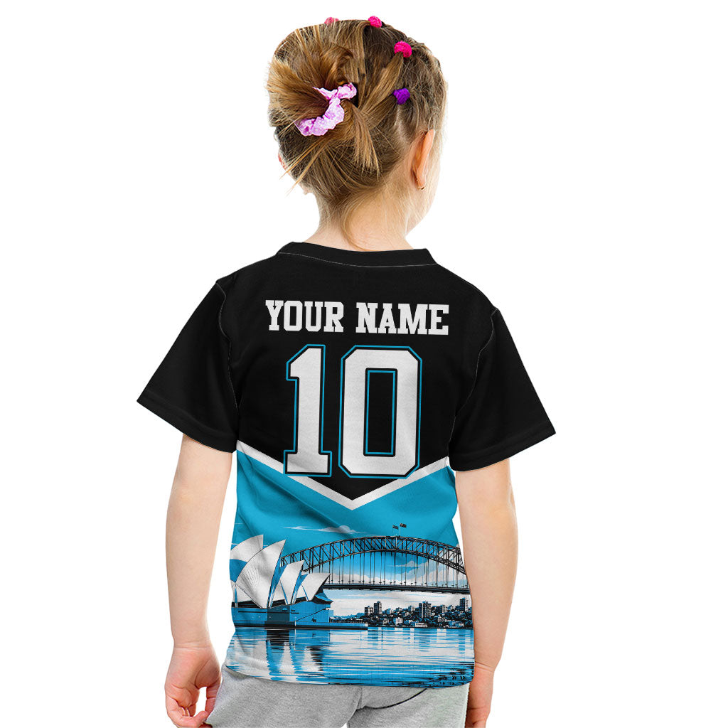 Personalised Sydney Sharks Rugby Kid T Shirt Muscular Mascot Harbour Bridge Skyline Graphic