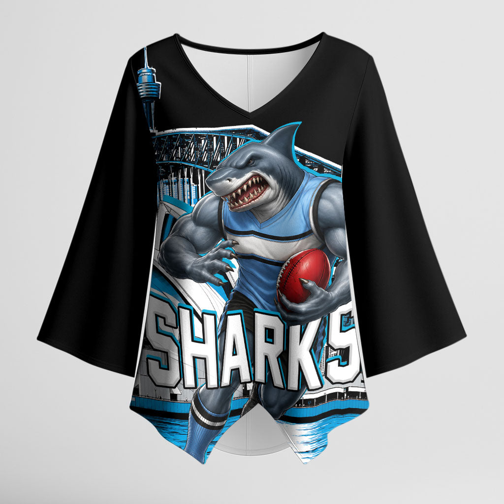 Personalised Sydney Sharks Rugby Kimono Sleeve Blouse Muscular Mascot Harbour Bridge Skyline Graphic