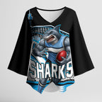 Personalised Sydney Sharks Rugby Kimono Sleeve Blouse Muscular Mascot Harbour Bridge Skyline Graphic