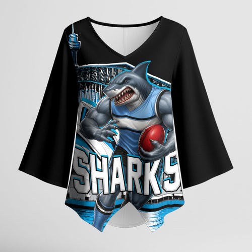 Personalised Sydney Sharks Rugby Kimono Sleeve Blouse Muscular Mascot Harbour Bridge Skyline Graphic