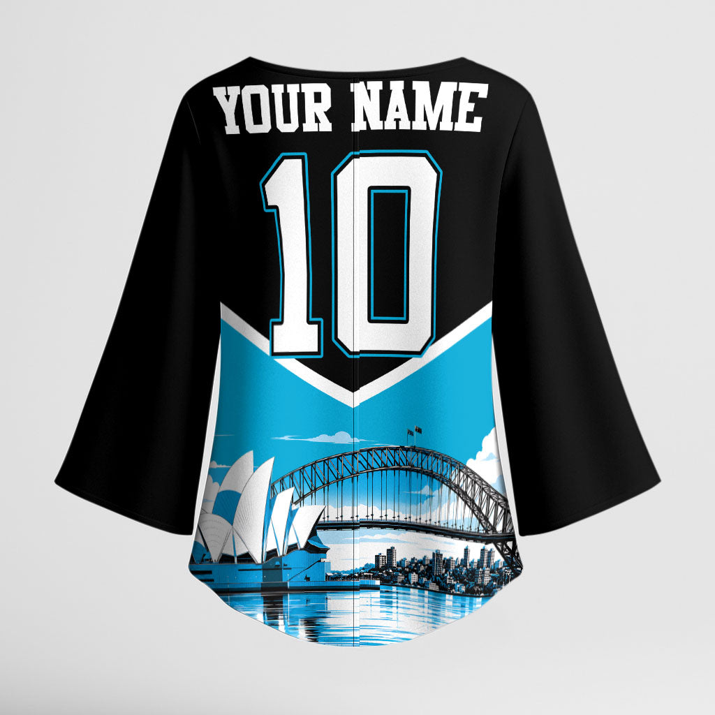 Personalised Sydney Sharks Rugby Kimono Sleeve Blouse Muscular Mascot Harbour Bridge Skyline Graphic
