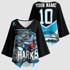 Personalised Sydney Sharks Rugby Kimono Sleeve Blouse Muscular Mascot Harbour Bridge Skyline Graphic