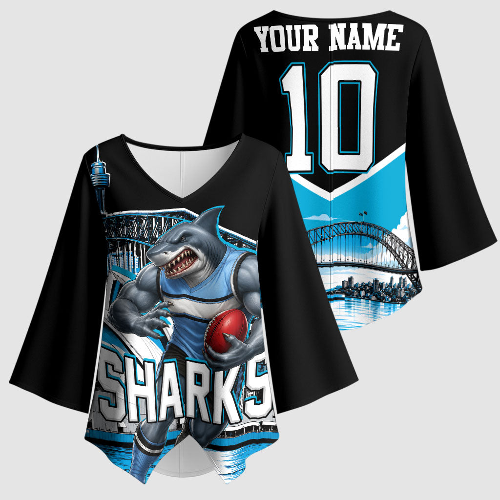 Personalised Sydney Sharks Rugby Kimono Sleeve Blouse Muscular Mascot Harbour Bridge Skyline Graphic
