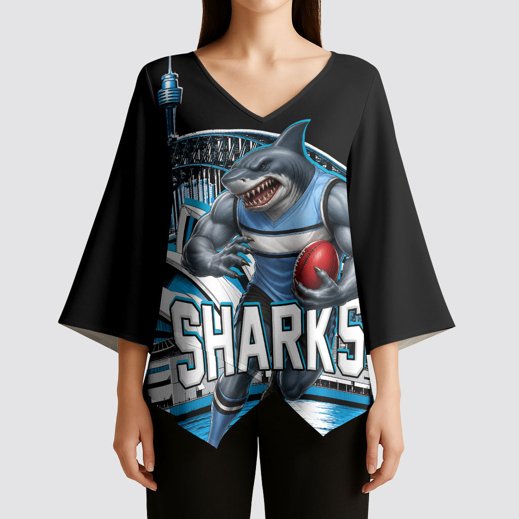 Personalised Sydney Sharks Rugby Kimono Sleeve Blouse Muscular Mascot Harbour Bridge Skyline Graphic