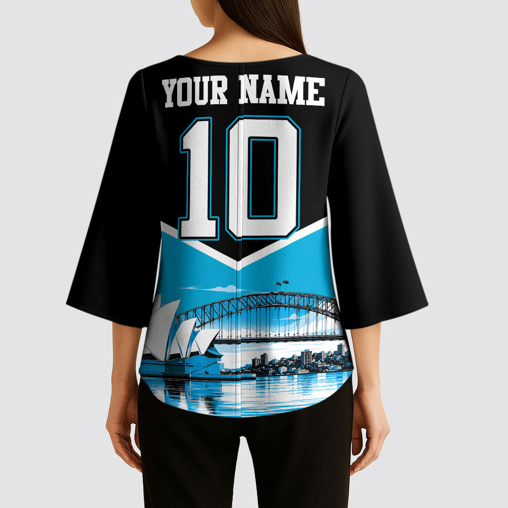 Personalised Sydney Sharks Rugby Kimono Sleeve Blouse Muscular Mascot Harbour Bridge Skyline Graphic