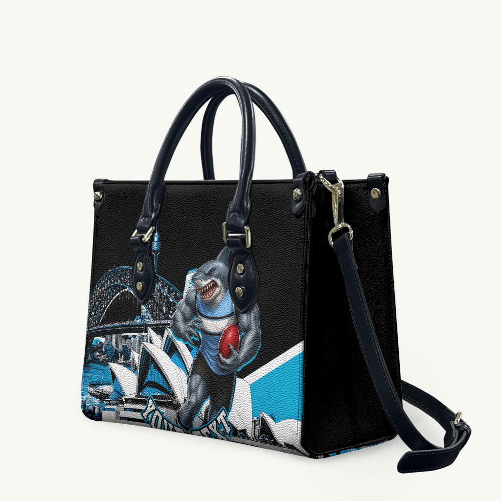 Personalised Sydney Sharks Rugby Leather Bag Muscular Mascot Harbour Bridge Skyline Graphic