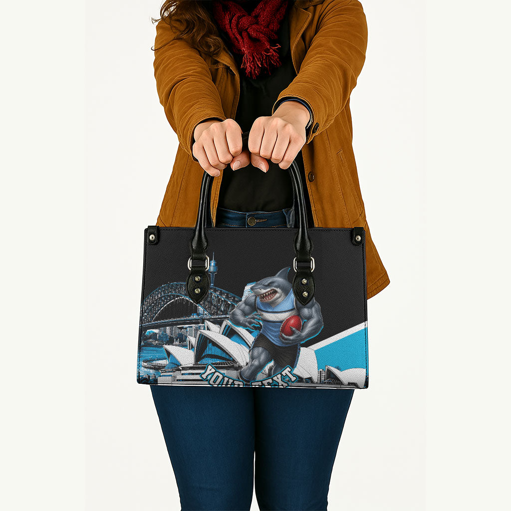 Personalised Sydney Sharks Rugby Leather Bag Muscular Mascot Harbour Bridge Skyline Graphic