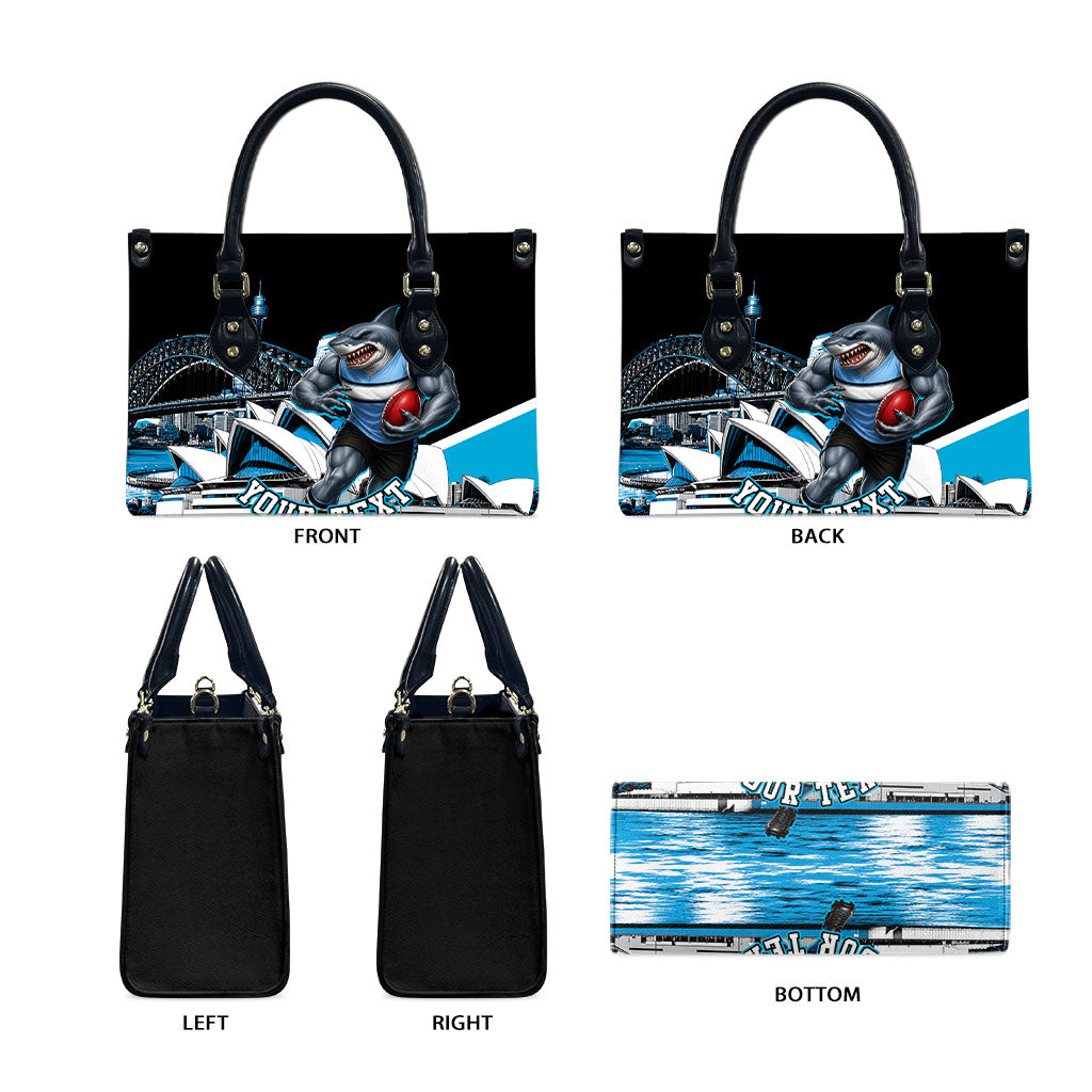 Personalised Sydney Sharks Rugby Leather Bag Muscular Mascot Harbour Bridge Skyline Graphic