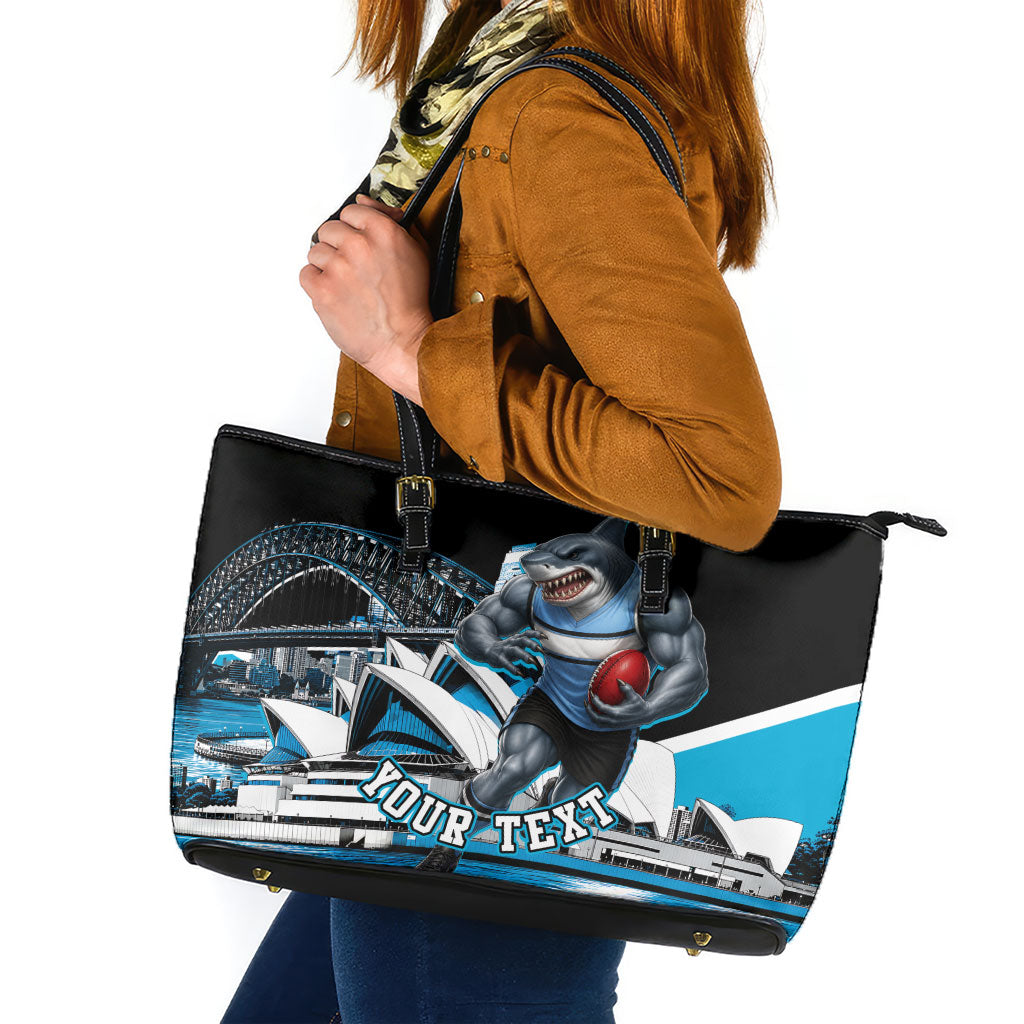 Personalised Sydney Sharks Rugby Leather Tote Bag Muscular Mascot Harbour Bridge Skyline Graphic