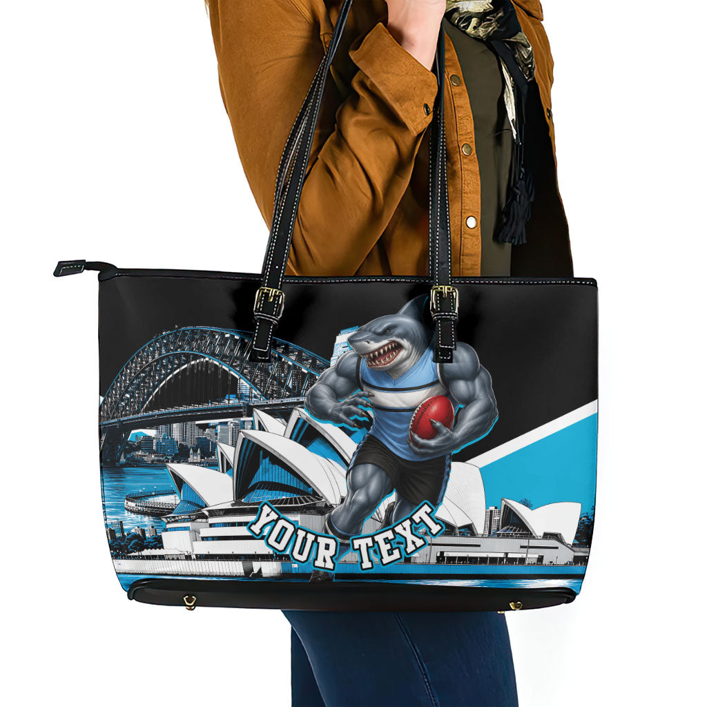 Personalised Sydney Sharks Rugby Leather Tote Bag Muscular Mascot Harbour Bridge Skyline Graphic