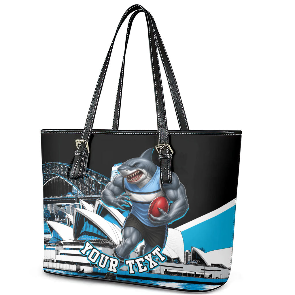 Personalised Sydney Sharks Rugby Leather Tote Bag Muscular Mascot Harbour Bridge Skyline Graphic