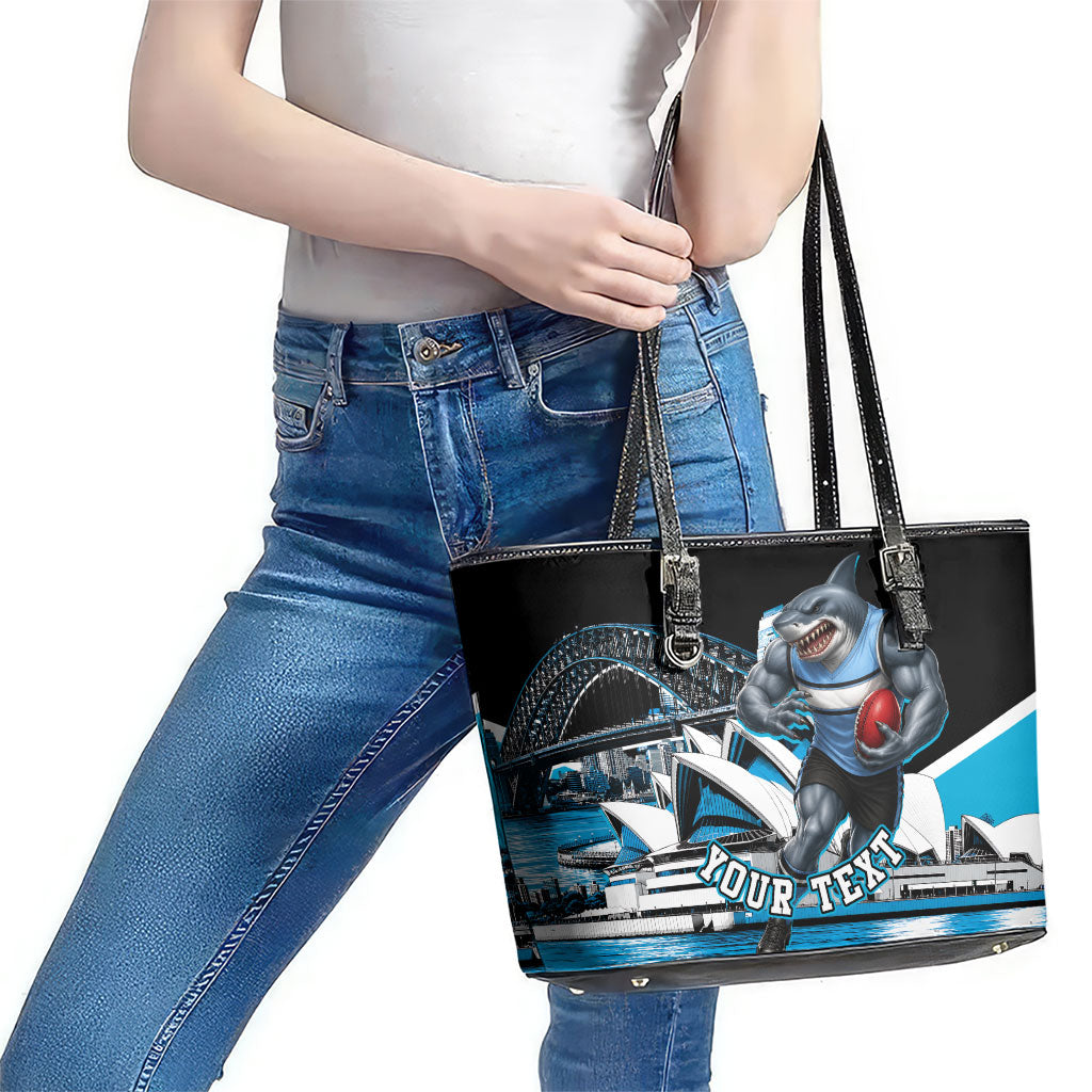 Personalised Sydney Sharks Rugby Leather Tote Bag Muscular Mascot Harbour Bridge Skyline Graphic
