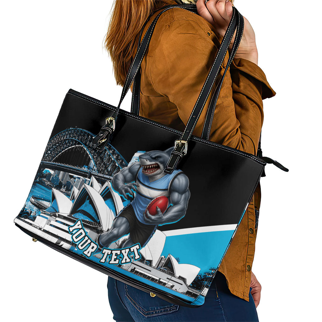 Personalised Sydney Sharks Rugby Leather Tote Bag Muscular Mascot Harbour Bridge Skyline Graphic