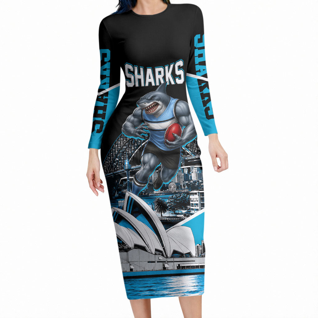 Personalised Sydney Sharks Rugby Long Sleeve Bodycon Dress Muscular Mascot Harbour Bridge Skyline Graphic