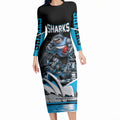 Personalised Sydney Sharks Rugby Long Sleeve Bodycon Dress Muscular Mascot Harbour Bridge Skyline Graphic