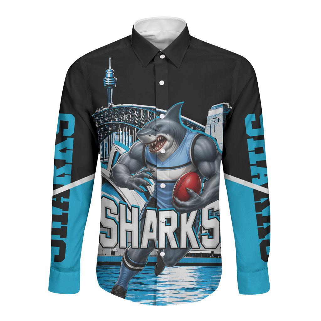 Personalised Sydney Sharks Rugby Long Sleeve Button Shirt Muscular Mascot Harbour Bridge Skyline Graphic