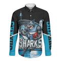 Personalised Sydney Sharks Rugby Long Sleeve Button Shirt Muscular Mascot Harbour Bridge Skyline Graphic