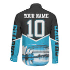 Personalised Sydney Sharks Rugby Long Sleeve Button Shirt Muscular Mascot Harbour Bridge Skyline Graphic