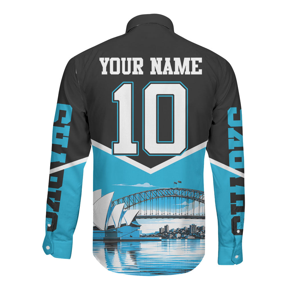 Personalised Sydney Sharks Rugby Long Sleeve Button Shirt Muscular Mascot Harbour Bridge Skyline Graphic