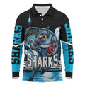 Personalised Sydney Sharks Rugby Long Sleeve Polo Shirt Muscular Mascot Harbour Bridge Skyline Graphic