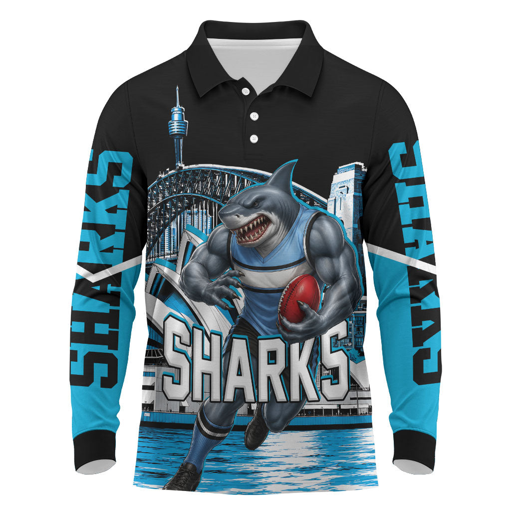 Personalised Sydney Sharks Rugby Long Sleeve Polo Shirt Muscular Mascot Harbour Bridge Skyline Graphic