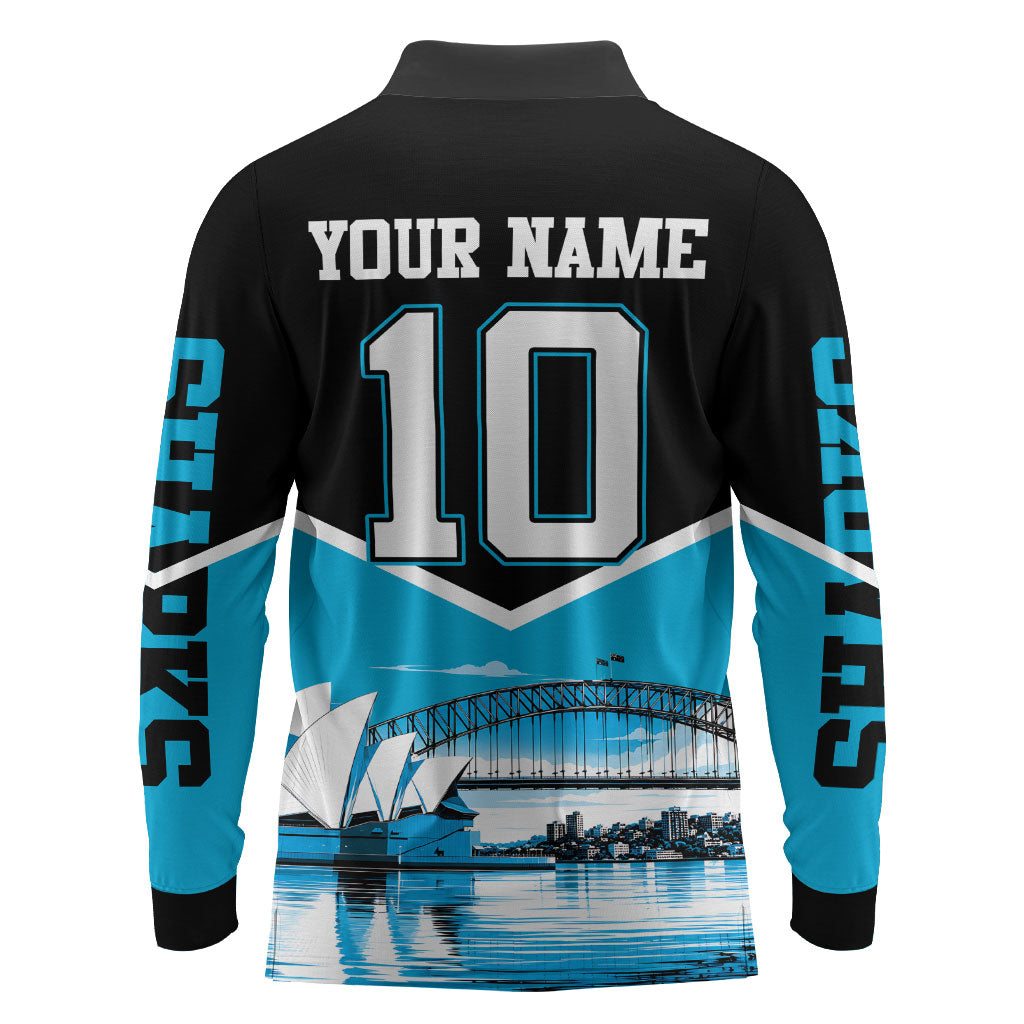 Personalised Sydney Sharks Rugby Long Sleeve Polo Shirt Muscular Mascot Harbour Bridge Skyline Graphic