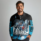 Personalised Sydney Sharks Rugby Long Sleeve Polo Shirt Muscular Mascot Harbour Bridge Skyline Graphic