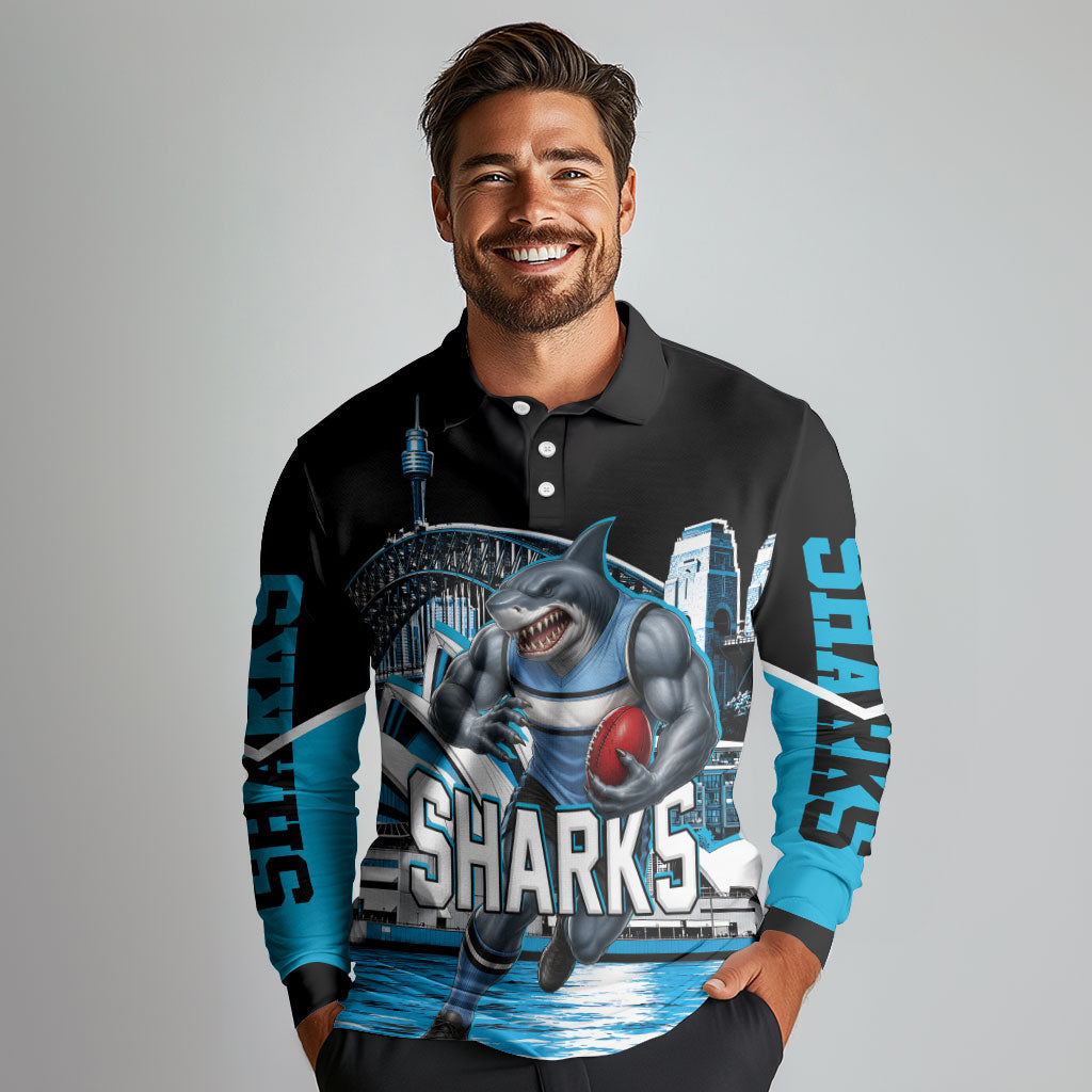Personalised Sydney Sharks Rugby Long Sleeve Polo Shirt Muscular Mascot Harbour Bridge Skyline Graphic