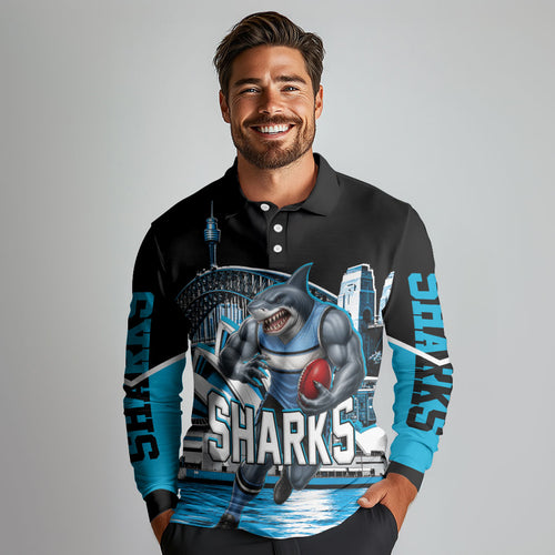 Personalised Sydney Sharks Rugby Long Sleeve Polo Shirt Muscular Mascot Harbour Bridge Skyline Graphic