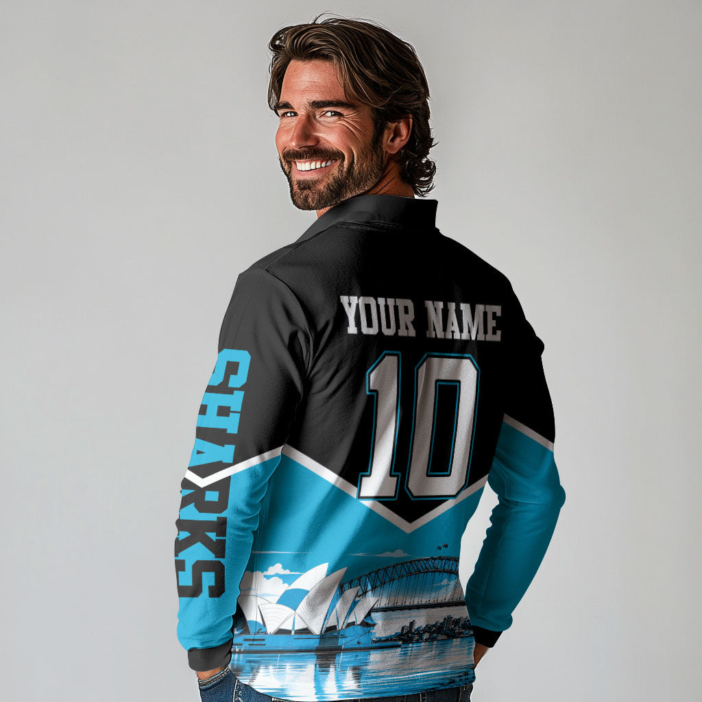 Personalised Sydney Sharks Rugby Long Sleeve Polo Shirt Muscular Mascot Harbour Bridge Skyline Graphic