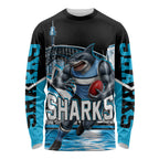 Personalised Sydney Sharks Rugby Long Sleeve Shirt Muscular Mascot Harbour Bridge Skyline Graphic