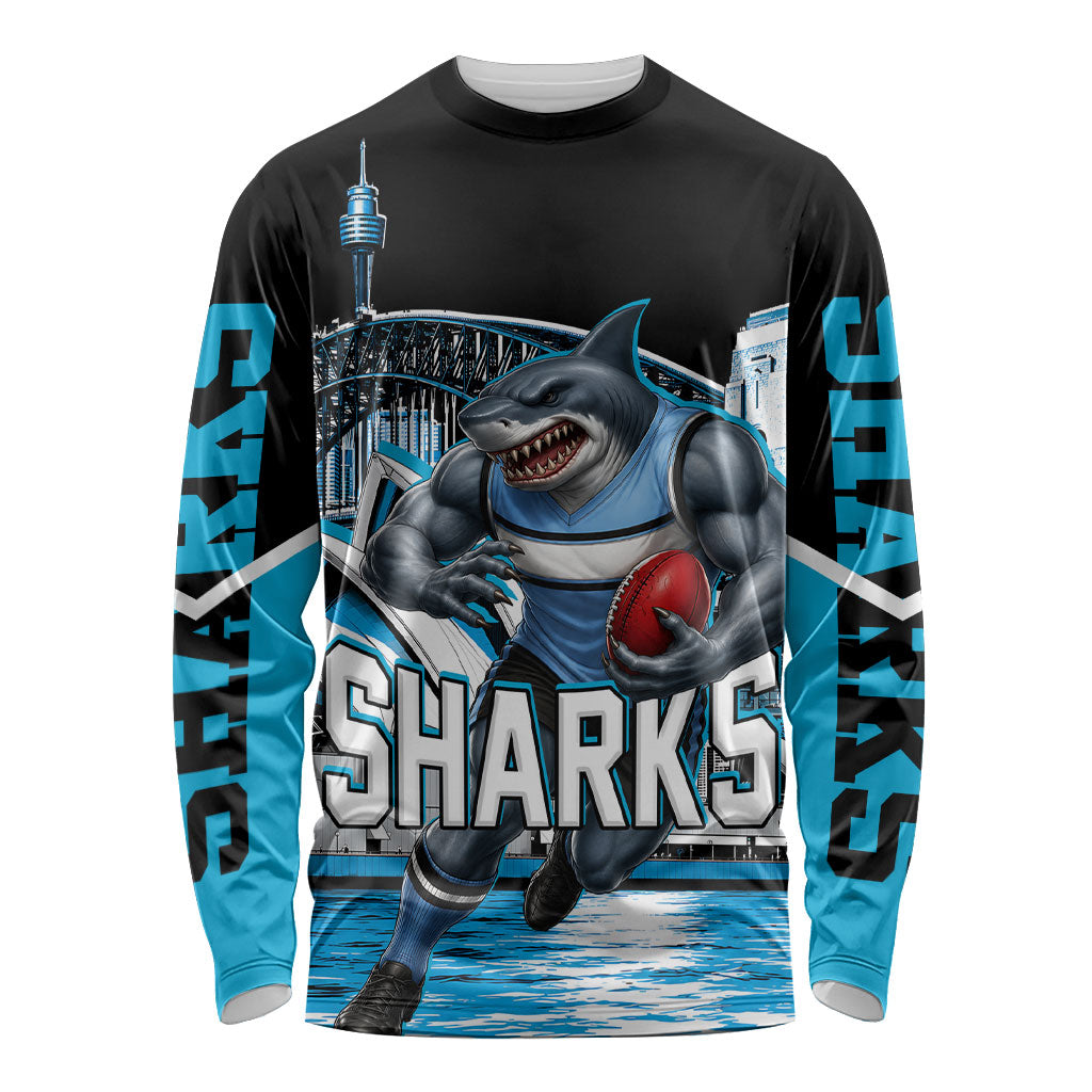 Personalised Sydney Sharks Rugby Long Sleeve Shirt Muscular Mascot Harbour Bridge Skyline Graphic